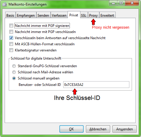 Key-ID im Mailkonto eintragen