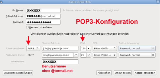 Thunderbird tormail POP3 Config
